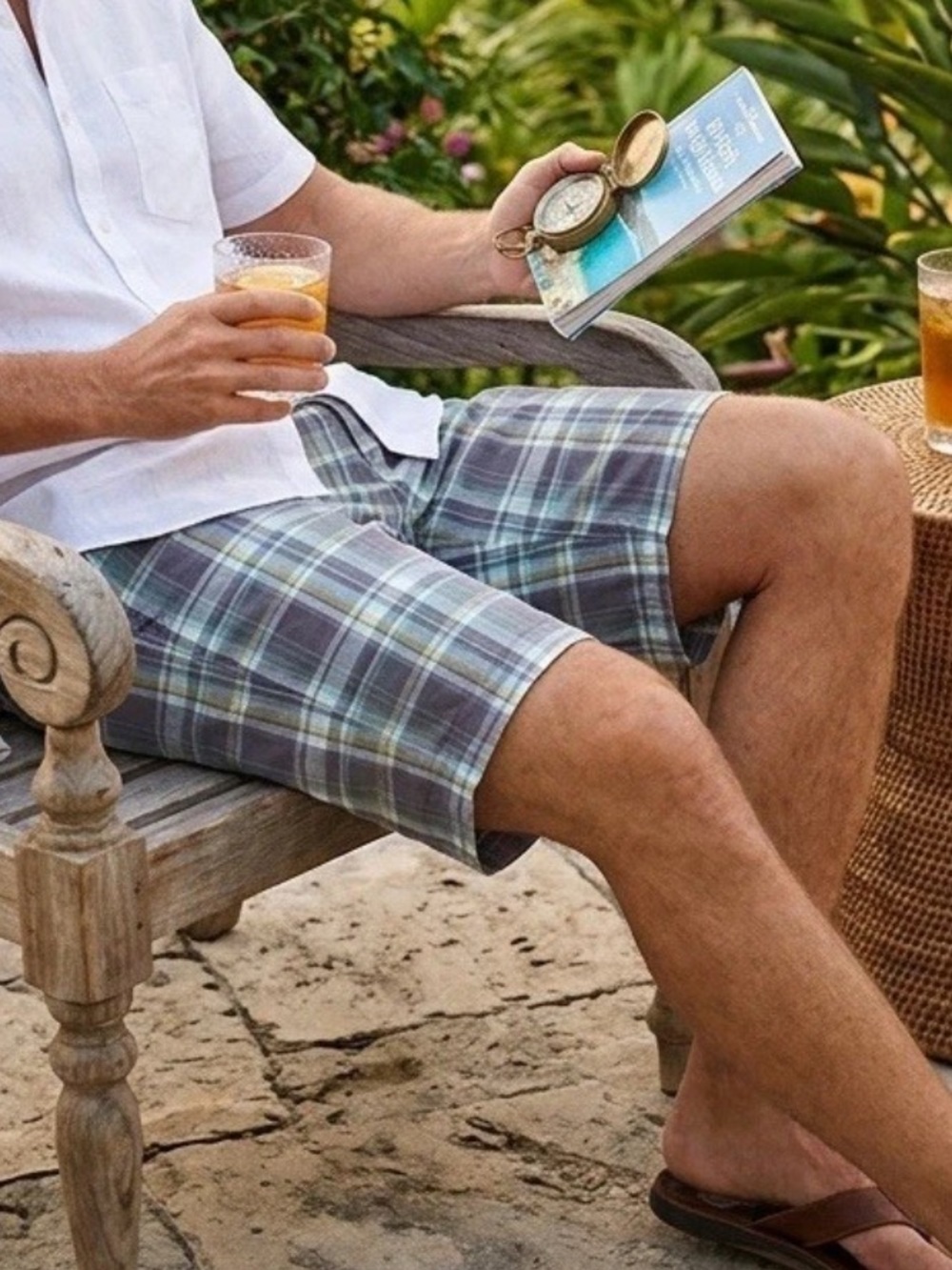 Tommy Bahama 38 Plaid Flat Front Chino Shorts Cotton Blue Gray Yellow